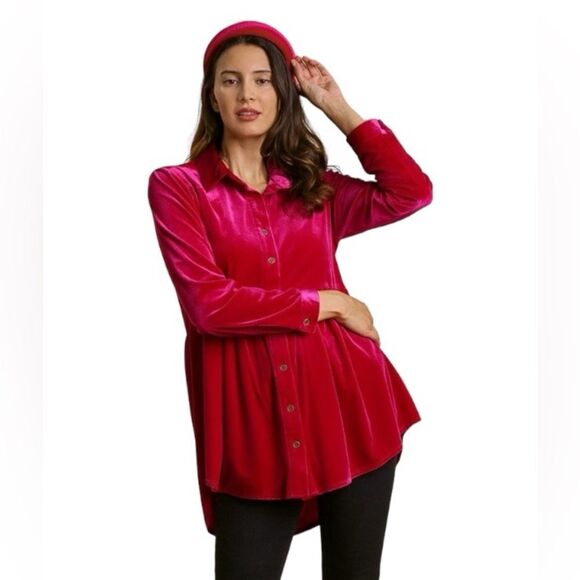 Umgee Women’s Velvet Tunic Button Down Peplum Top in Raspberry Size S - Picture 1 of 12